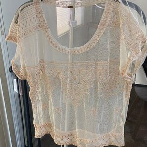 Free People Sheer Embroidered Blouse in Cream and Tan
